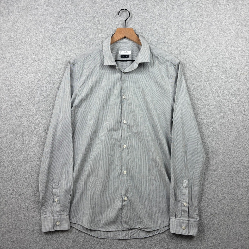 Versace Collection Dress Shirt Mens 41 16 Gray Pinstriped Medusa Button Up